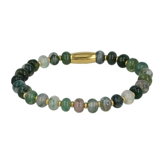 Elastische armband met mos agaat edelsteen goud - My Bendel