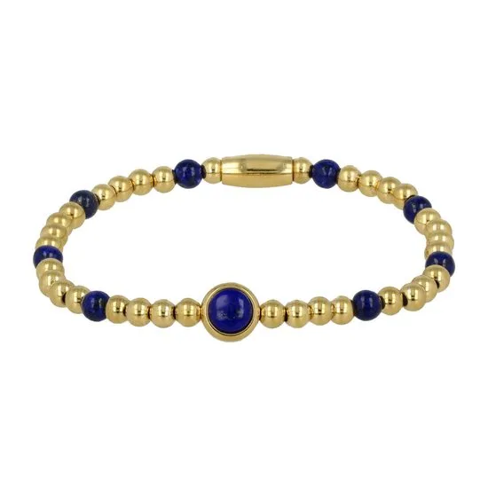 Damesarmband elastisch met edelstenen en ronde Lapis Lazuli bedel - My Bendel