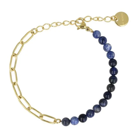 Combinatie van een goudkleurige schakelarmband met Sodaliet edelstenen - My Bendel