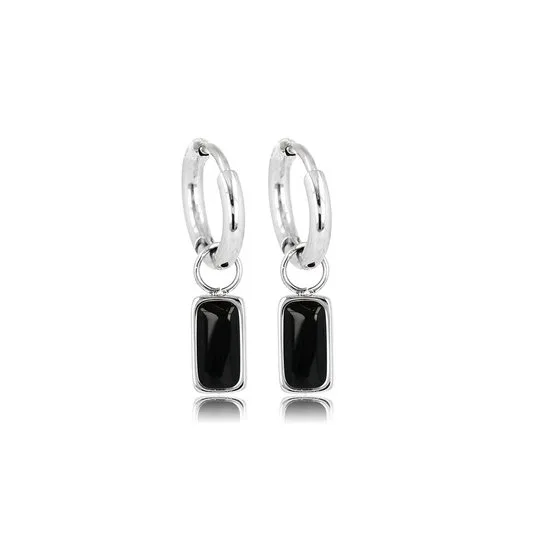 Classy combinatie van gladde ronde zilverkleurige oorbel met Onyx hanger - My Bendel