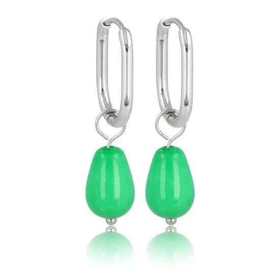 Zilverenkleurige oorbellen met Chrysopraas edelsteen - 30 mm lang
