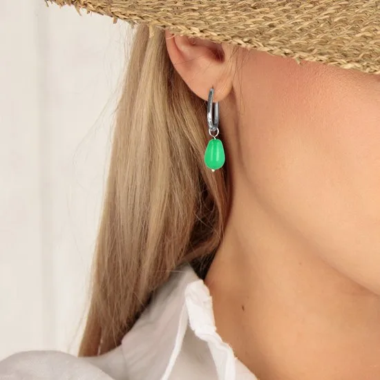 Zilverenkleurige oorbellen met Chrysopraas edelsteen - 30 mm lang - Afbeelding 2
