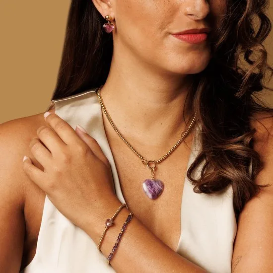 Elastische armband met Amethist hartenbedel - Afbeelding 2