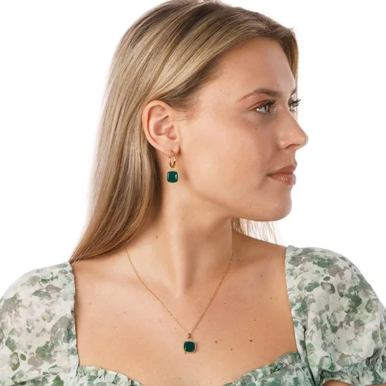 Ketting goudkleurig met vierkante Groene Agaat hanger - My Bendel - Afbeelding 2