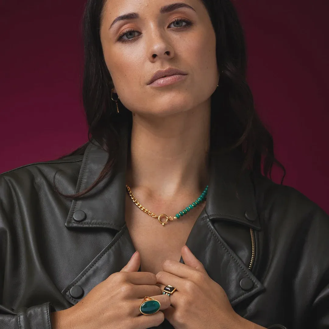 Schakelketting goud met groene agaat edelstenen - Image 2