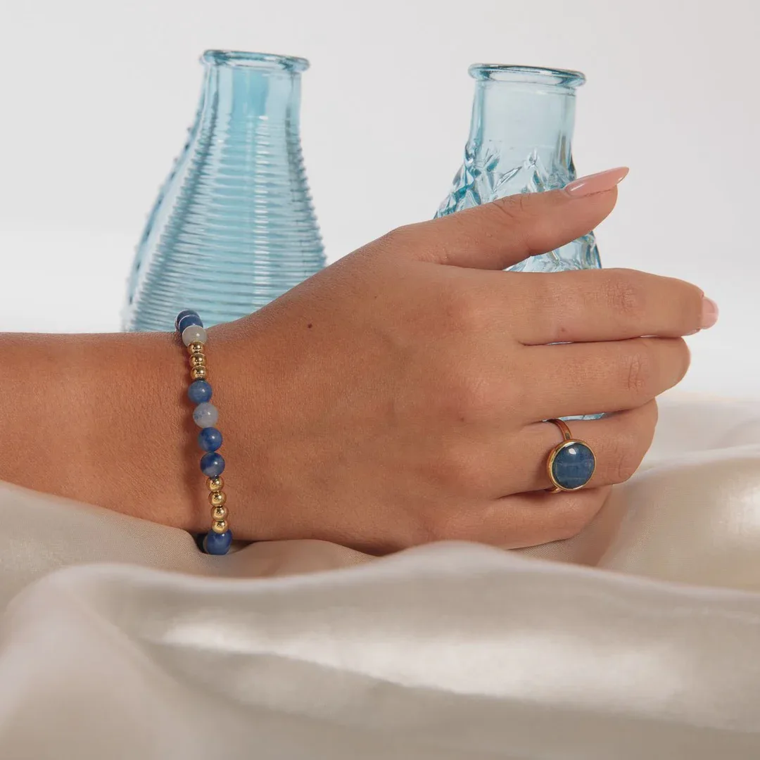 Damesarmband goud met blauwe aventurijn edelsteen elastisch - Afbeelding 2