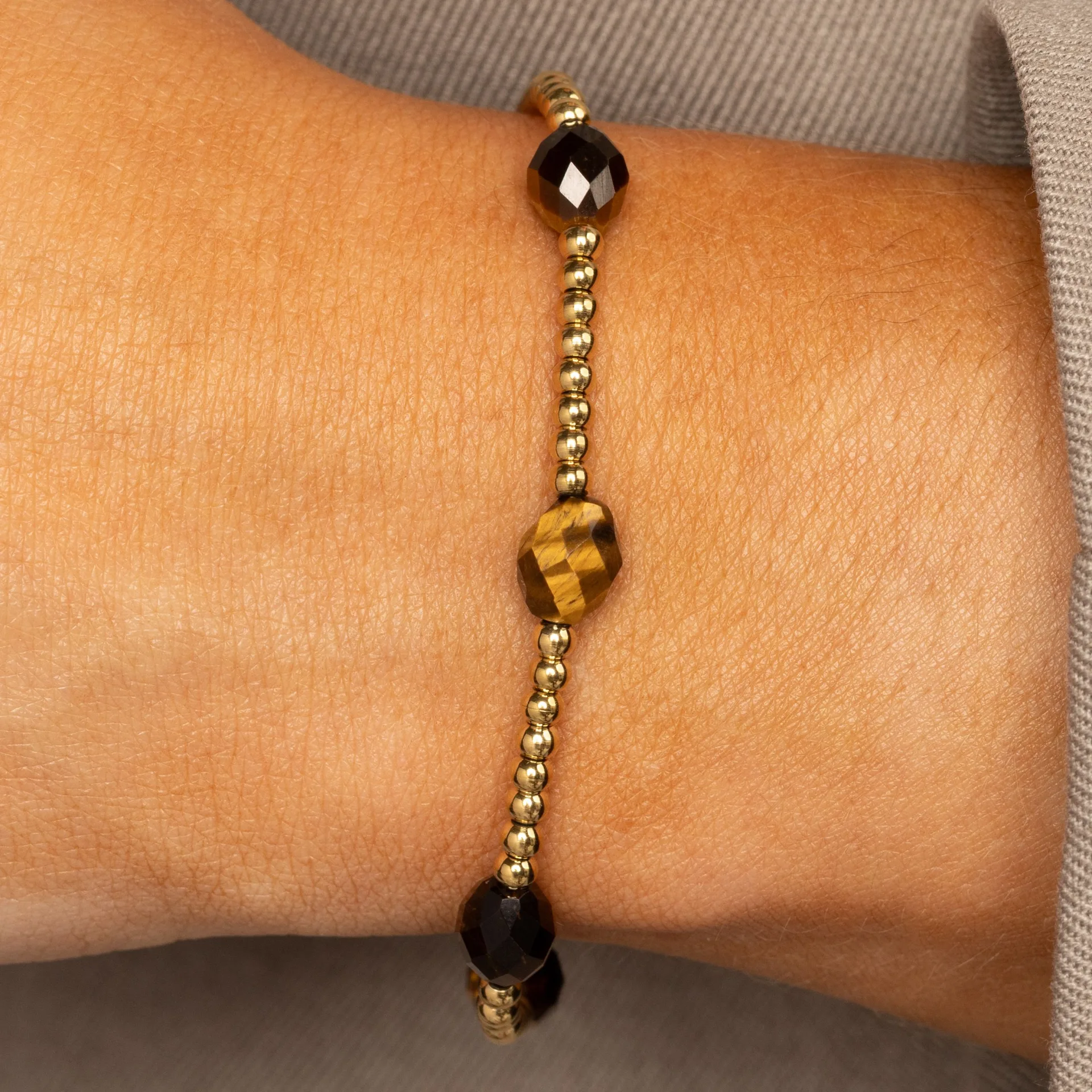 Edelstenen Armband met Facetgeslepen Ovale Kralen - Tijgeroog - Afbeelding 2
