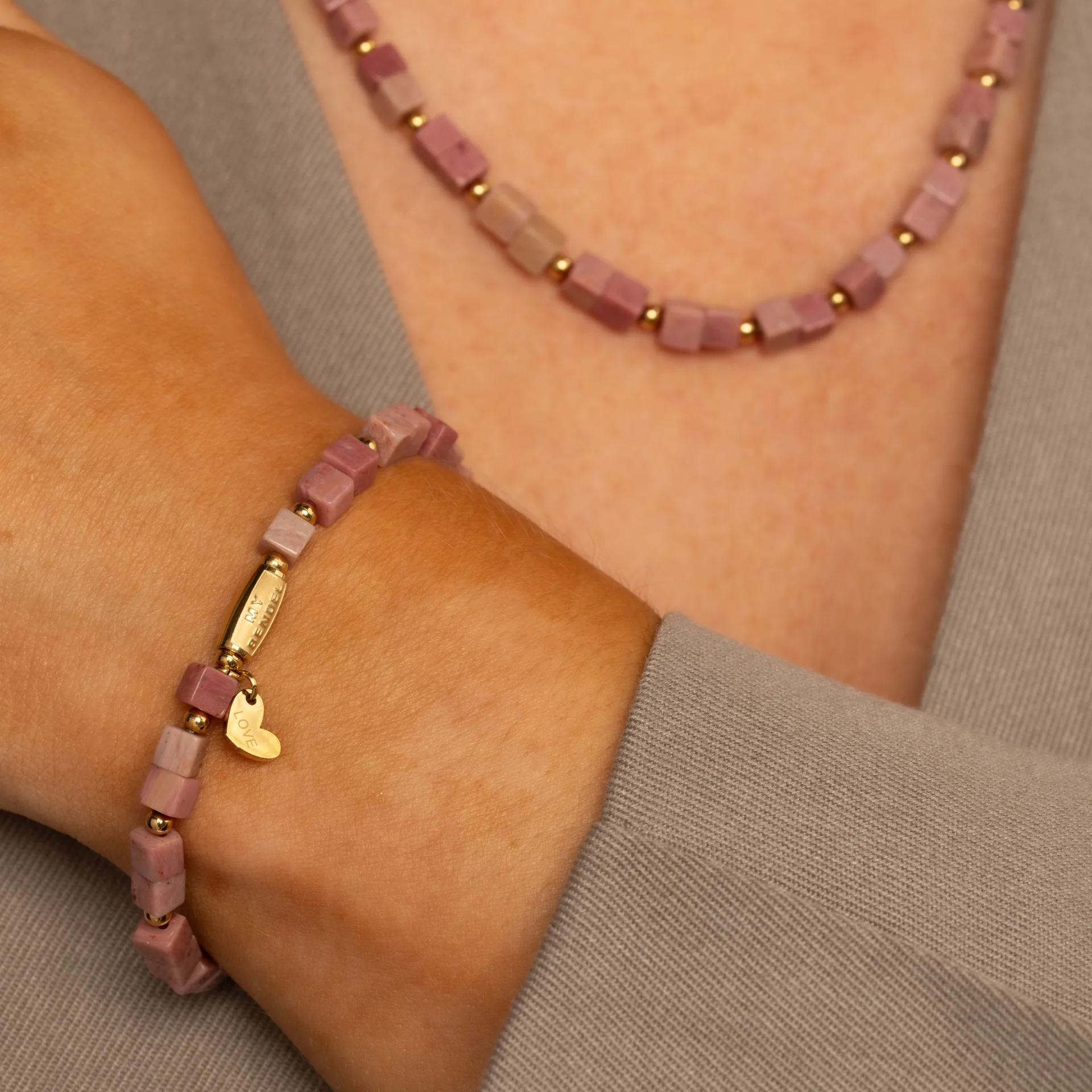 Ketting met Vierkante Edelstenen Kralen - Rhodoniet - Image 3