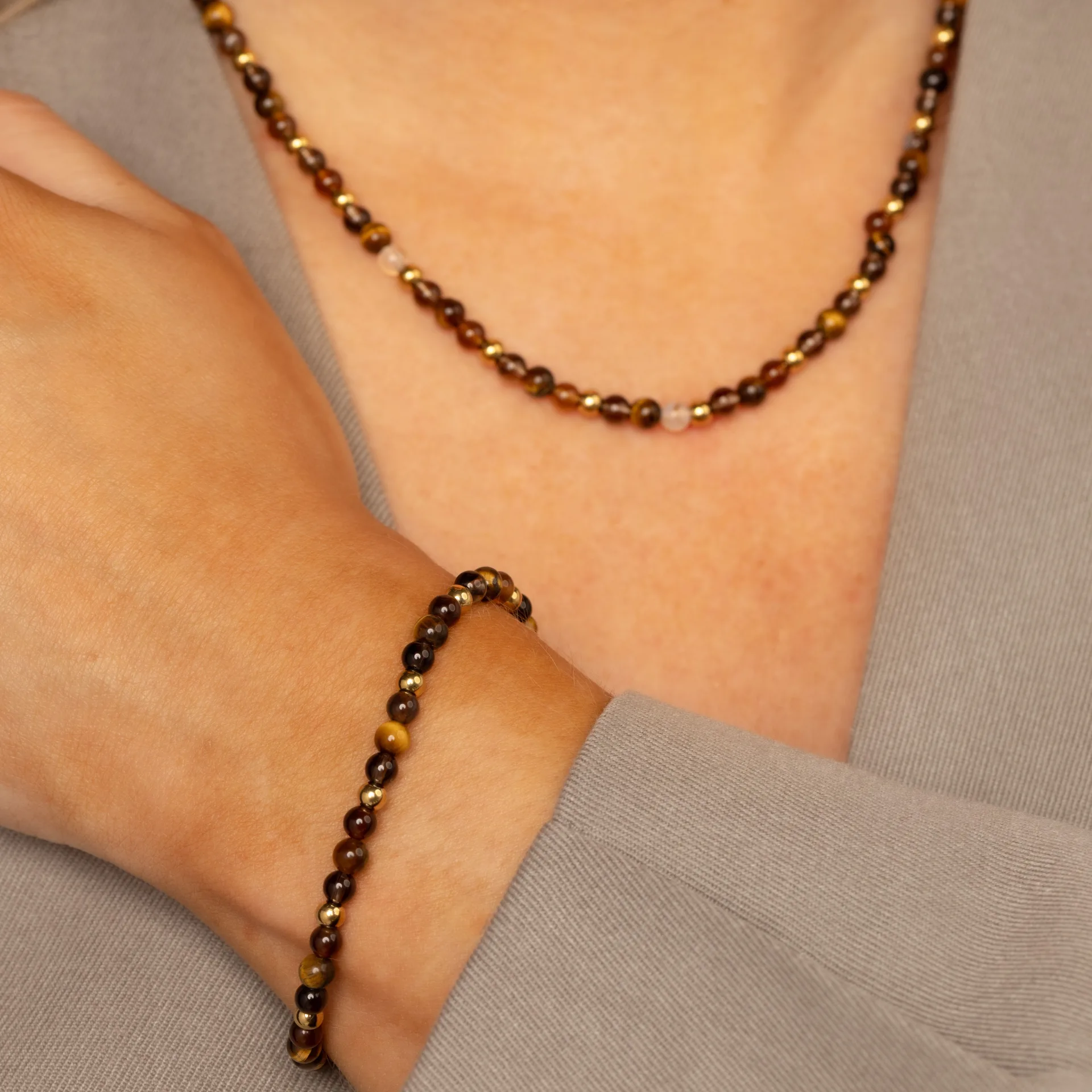 Edelstenen Kralenarmband - Tijgeroog, Bruine kwarts & Agaat - Afbeelding 3
